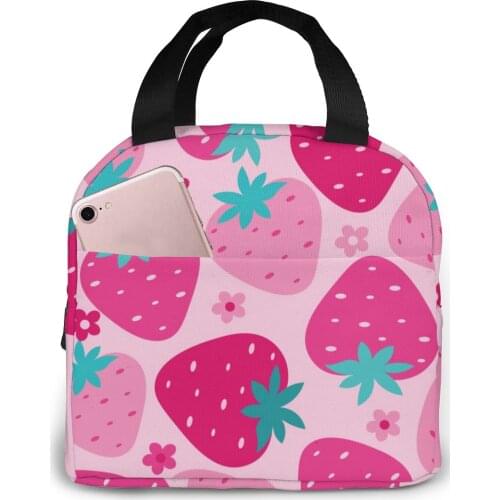 Pink Cute Strawberry Lunch Food Box Bag Insulated Thermal Food Picnic Lunch Bag for Women kids Men Cooler Tote Bag