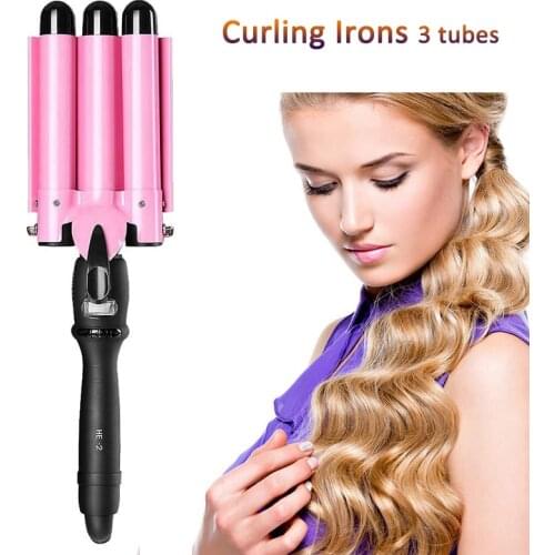 Curling Iron Ceramic Triple Barrel Tube Wand Hair Curler Styler Wave Noodle Ripple Shape LCD Display Electric Curly Styling Tool