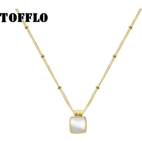 TOFFLO Stainless Steel Jewelry National Style Black And White Shell Square Necklace Female Personality Clavicle Chain BSP762