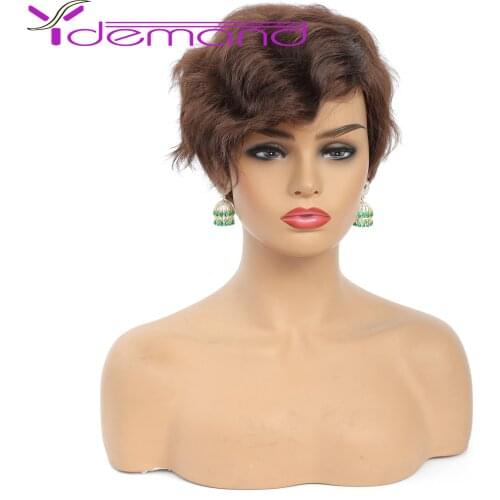 Y Demand Brown Black Wigs Short Synthetic Curly Wavy Wigs with Bangs for White Women High Temperature Fiber Hair
