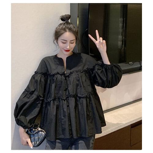 Women blouses 2020 new autumn Cotton Sweet Full Solid Puff Sleeve Folded vintage Korean ladylike loose shirt