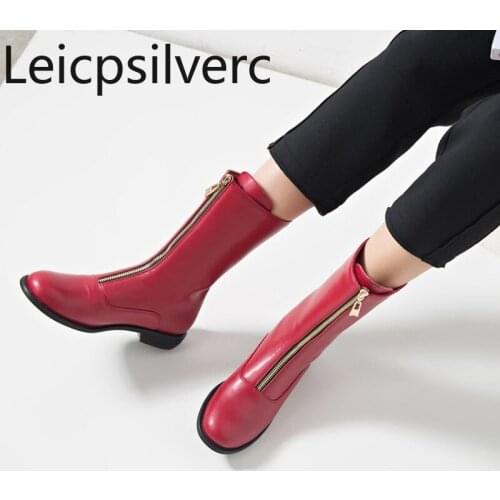 Womens Boots New Autumn And Winter Round head fashion zipper Thick heel Low-heeled Middle tube Womens shoes plus size 33-46