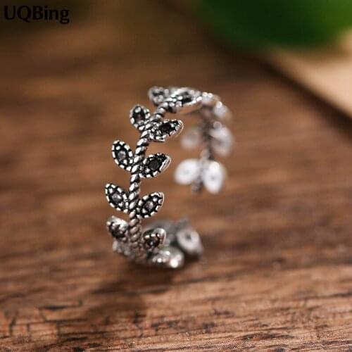 New Arrivals 925 Sterling Silver Rings For Women Girl Jewelry Black Rhinestone Leaves Open Rings Adjustable Rings