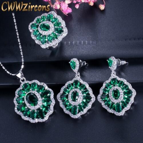 Vintage Dark Green Crystal Jewelry Sets Silver Color Created Emerald Necklace Earrings And Ring Set For Women Gift T260