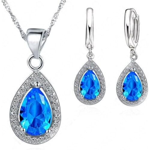 New 925 Sterling Silver Wedding Jewelry Sets Water Drop Cubic Zirconia charm Pendants & Necklaces Drop Earring For Women