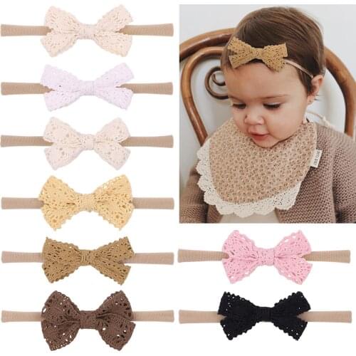 16pc/lot 2.7inch Baby Lace Bow Nylon Headband,Baby Solid Lace Hair Bow Headband Children Girls Handmade Turban Hair Accessories