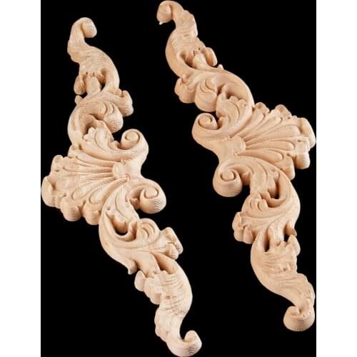 2pcs Wood Carved Decal Corner Appliques Frame Furniture Woodcarving Decor Wooden Figurines Craft Long Stripe 3D Flower 30*6.5cm