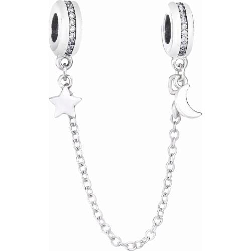 Ajax 925 Sterling Silver Stars Moon Safety Chain Clip Charm For Womens Bracelet & Bangles Girl Birthday Gift