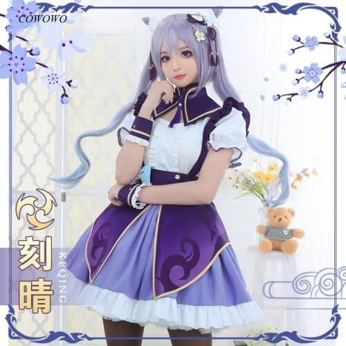 Anime! Genshin Impact Keqing Coffee House Maid Dress Lovely Uniform Cosplay Costume Halloween Party Role Play Outfit 2021 NEW