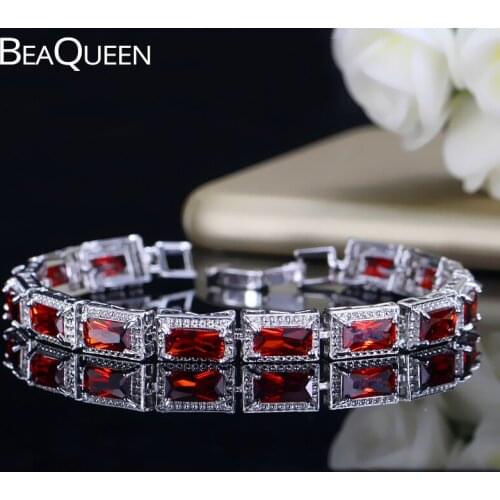BeaQueen Elegant Tibetan Female Jewelry Large Square Cubic Zirconia Red Bracelets Bangles Christmas Gift for Women B101