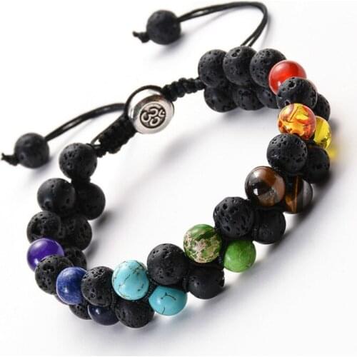 Natural Stone Lava Rock Double Row Chakra Charm Bracelet for Women Men 7 Chakra OM Yoga Prayer Braided Bracelet Adjustable