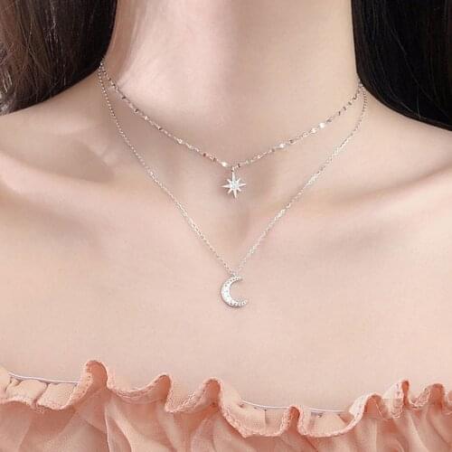 Foxanry 925 Sterling Silver Charm Chain Necklace for Women New Fashion Shiny Moon Star Pendant Clavicle Chain Bride Jewelry Gift