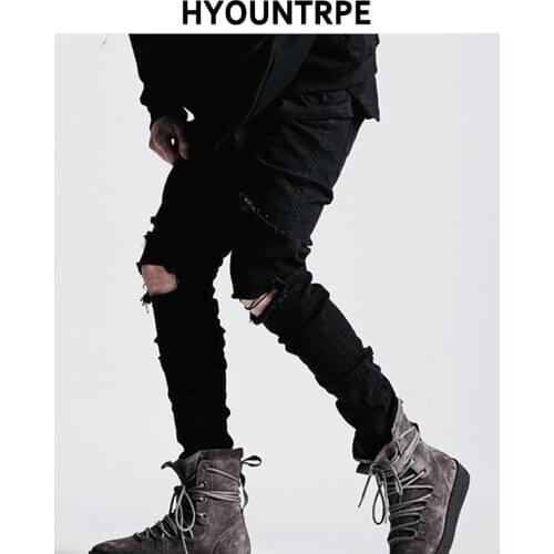 High Street Knee Hole Ripped Biker Jeans Men Slim Fit Elastic Denim Pants Autumn New Casual Black Stretch Hip Hop Pants Jogger