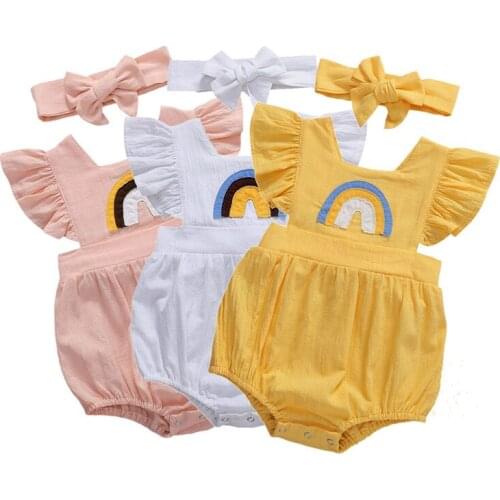 2PCS Newborn Baby Girl Rainbow Romper Ruffle Fly Sleeve Square Neck Playsuit Jumpsuit Headband Baby Summer Clothing Set