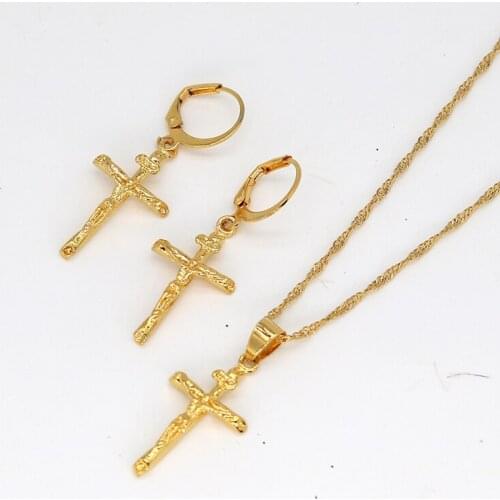 Small Crosses Jewelry sets for Kids Dubai 24K Gold Cross Necklace Pendant Earrings set Indian African women wedding bridal gift