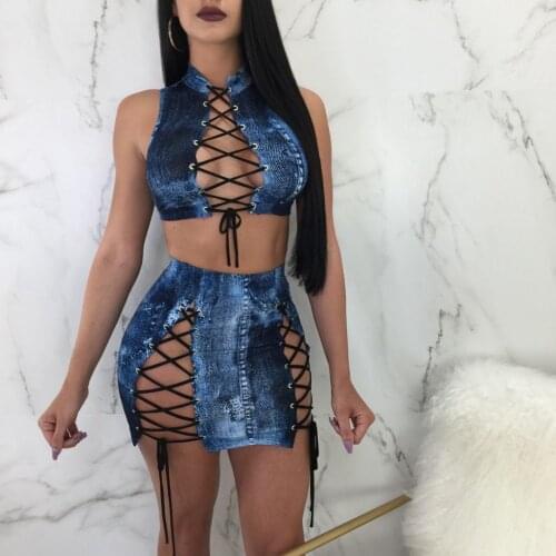 African Short Skirt Suit Sexy Women Sets Lace-Up Denim Wrapped Vest + Mini Skirt Set Woman 2 Pieces Summer 2021 New Denim Suit
