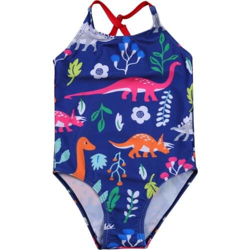 3-8Years Kids Swimwear Fish Dinosaur Printed One Piece Swimsuit Baby Girl Cross Strap Monokini Summer Children Beachwear