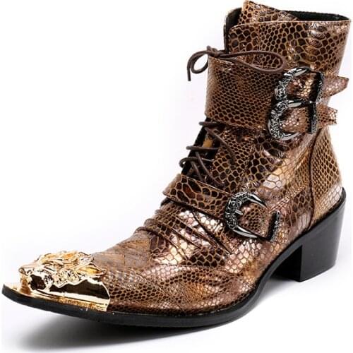 New Genuine Leather Men Ankle Boots Punk Style Iron Pointed Toe Zip Mens Military Cowboy Boots High Top Buckles Botas Hombre