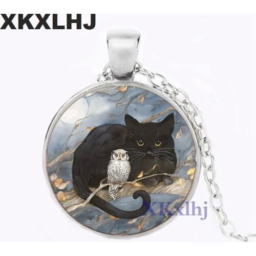 XKXLHJ Cat And Owl Logo Pendant Necklace Animal Friend Handmade Necklace Vintage Chain Pendant Necklace Women Jewelry Friendship