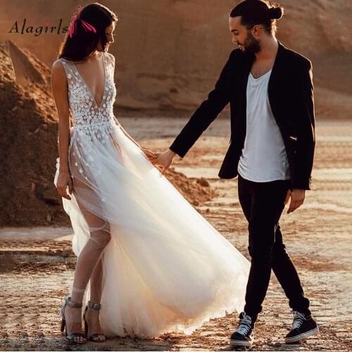 Luxury Appliques Beading Wedding Dress Boho Sexy Illusion Deep V-neck Tulle Bridal Gowns Side Slit Beach Bride Dress 2020