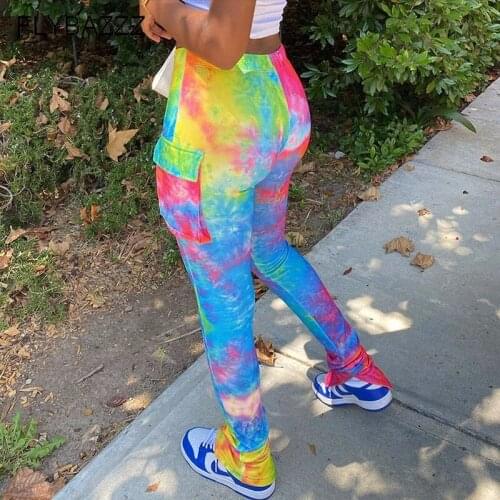 Tie Dye Colorful Printed Stacked Yoga Pants Woman Casual Elastic Joggers Women Trousers Fall Pockets Slacks Leggings For Fitness