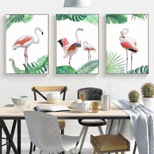 Nordic Home Decoration Poster Tropical Green Leaves Canvas Painting Flamingo Animals Wall Art Pictures for Living Room No Frame