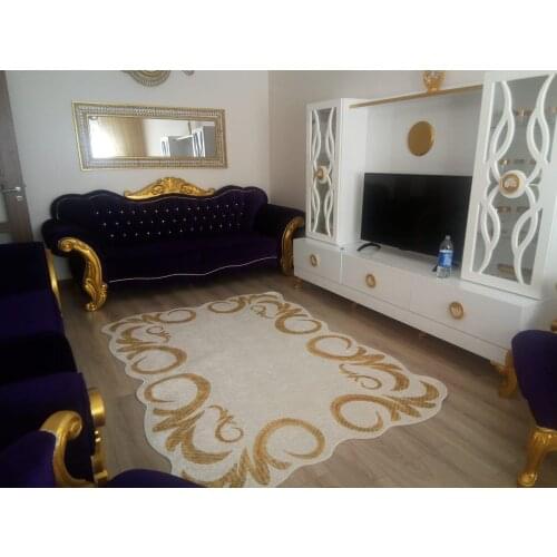 Special Cut White Over Gold Motif Living Room Carpet