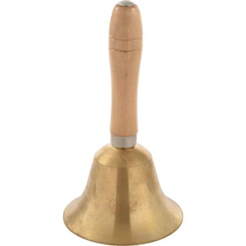 Solid Brass Wooden Handle School Reception Dinner Wood Shop Hotel Hand Bell Gold