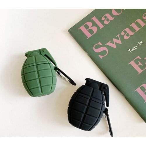Unique Grenade Pattern Protective Cover Shockproof Soft Silicone Case Skin with Carabiner for Airpods 1/2 Charging Box Accessori
