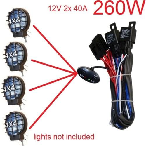Universal 12V LED Work Light Bar Headlights Quad 4 Lamps Switch Wiring Harness Kit 40A Relay Fuse Set For Car Truck Motorcycle