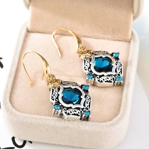 Vintage Women Blue Crystal Drop Dangle Earrings Wedding Engagement Rhinestone Rhombus Earrings Statement Girls Party Jewelry
