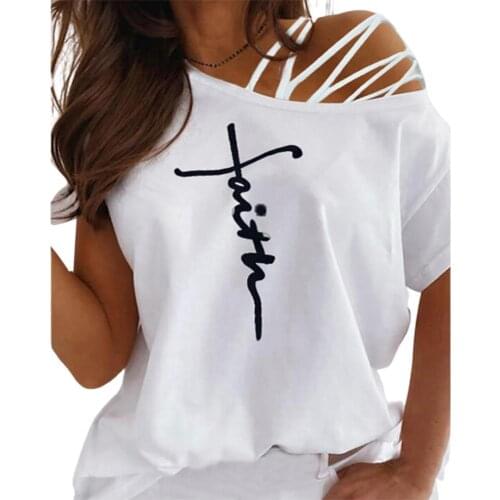 T shirt women 2021 fashion Blue xxl Letter Print One Off Shoulder Strappy Slant Collar T-shirt Streetwear for Daily Life Summer