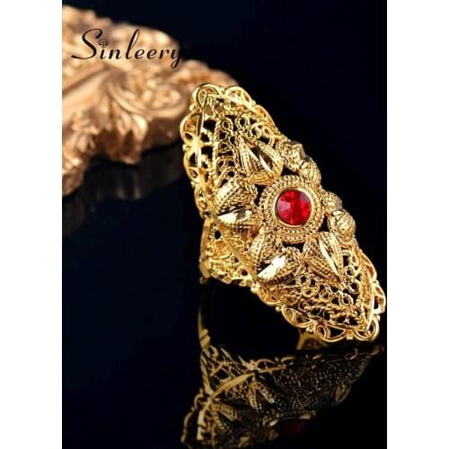 SINLEERY Vintage Big Hollow Flower Rings Yellow Gold Color Black Red Zircon Free Size Long Rings For Women Jewelry JZ641 SSC