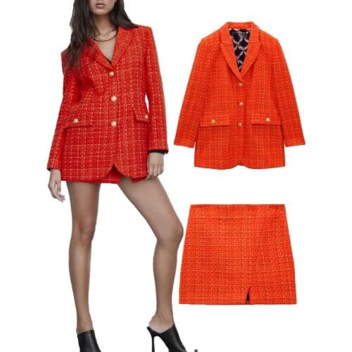 ZA autumn new womens clothing contrast stitching printed lining slim-fit blazer and high-waist printed lining mini skirt suit