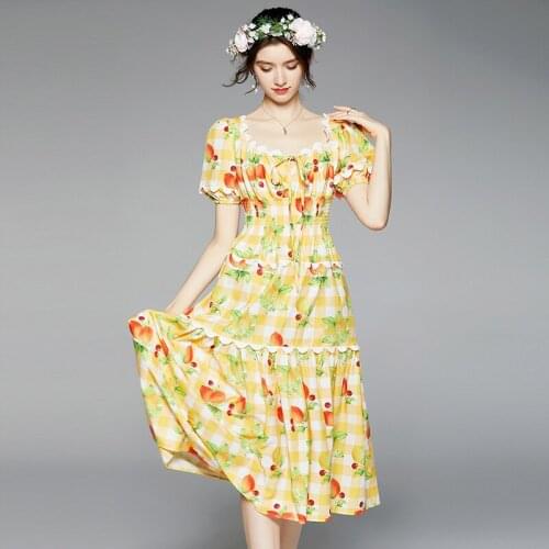 Summer Elegant Floral Plaid Dress Women Bow Lace-up Ealstic Waist Flower Print Yellow Party Midi Vestidos k6183