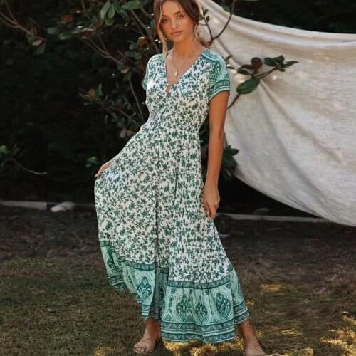 TEELYNN midi dresses for women Gypsy green floral print summer Dresses long BOHO beach Dress v neck robe vestidos female dress