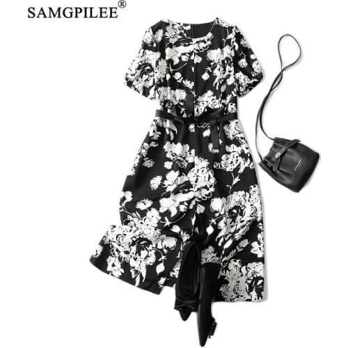 Summer Clothes For Women 2021 New Retro Fashion Flower Pattern High Waist Mid Calf Chiffon Stylish Woman Dresses Plus Size 4XL