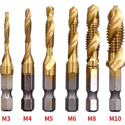 6Pcs M3-M10 Drill Bit Tools Metric Tap Chamfer 3 in 1 Drill Bit Titanium HSS 1/4" Hex Shank