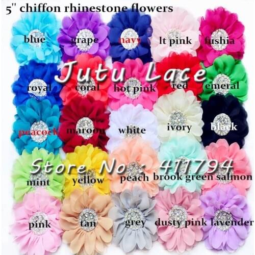 60 pcs/lot , 5'' big shabby chiffon flower with rhinestone for headwear apparel fashion accessories 25 colors