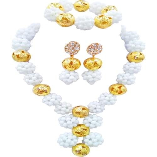 White Nigerian Wedding African Beads Jewelry Set Crystal Ball Beaded Necklace Sets 1SJQ02
