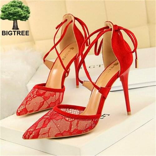 BIGTREE Sexy Floral Lace Mesh Pointed Toe Women Sandals Cut-Outs Cross-tied Shallow Sandals Womens High Heels Shoes
