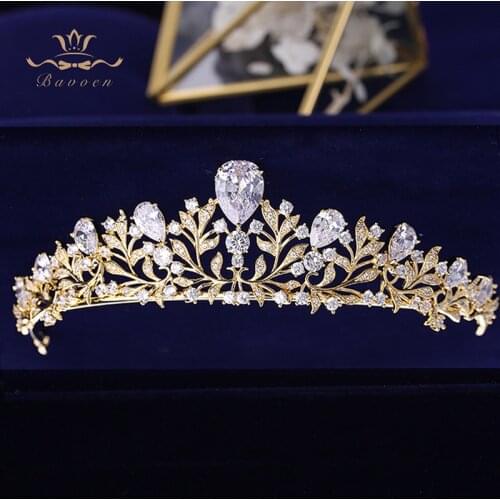 Bavoen Elegant Gold Leaves Brides Tiara Crown Zircon Crystal Hairbands Wedding Hair Accessories Evening Hair Jewelry