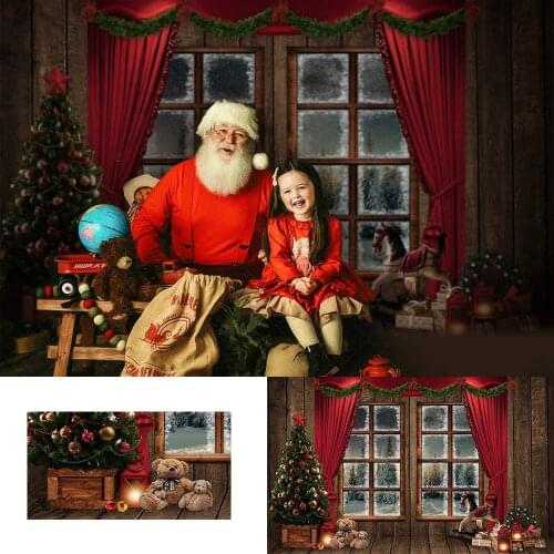 Red window Toy bear Christmas Retro Photography Backdrops Decor Newborn Children Party Photocall Background Curtain Photo Studio