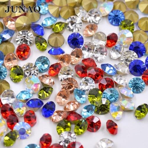 JUNAO SS 6 8 10 12 16 30 Mix Color Pointed Crystal Rhinestone Beads Round Point Back Glass Strass Glue On Nail Art Stone Diamond