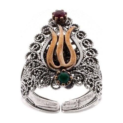 925 Sterling Silver Emerald Ruby Filigree Ring Inlaid Mardin Assyrian Turkish Adjustable Finger Width Collet Women Jewelry Tulip