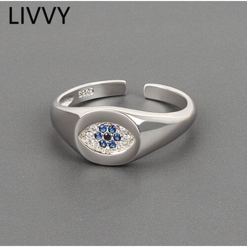LIVVY Silver Color Eyes Shape Flower Blue Zircon Adjustable Rings Jewelry for Women Creative Vintage Handmade Party Accessories