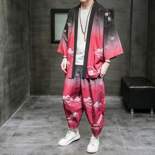 Spring and summer Chinese style suit mens fashion brand retro printed ice silk two piece loose Hanfu mens Daopao casual coat