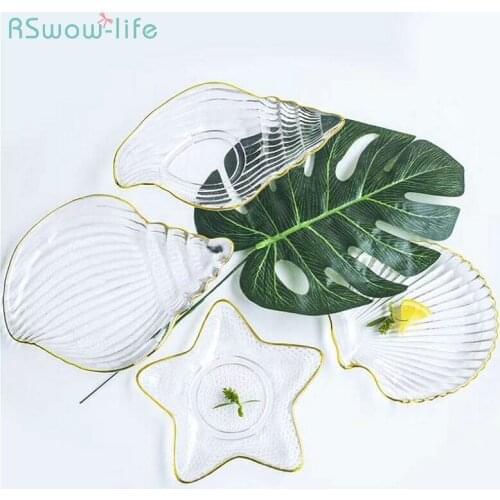 Nordic Style Ocean Series Creative Gold Glass Dessert Plate Receiving Plates Decorative Salad Dish Restaurant Supplies Kitchen