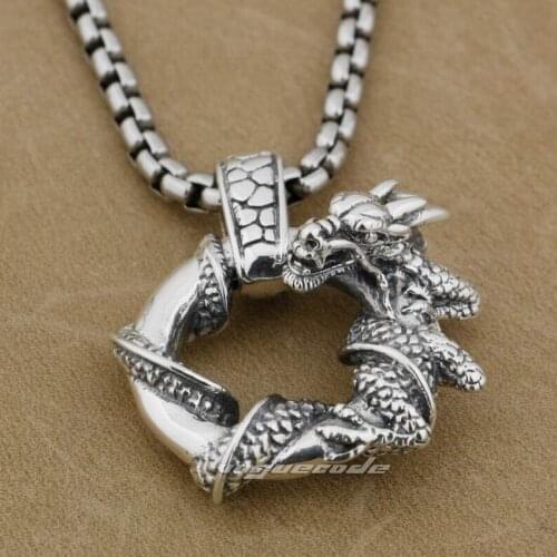 Round Dragon 925 Sterling Silver Mens Biker Rock Punk Pendant 9H019