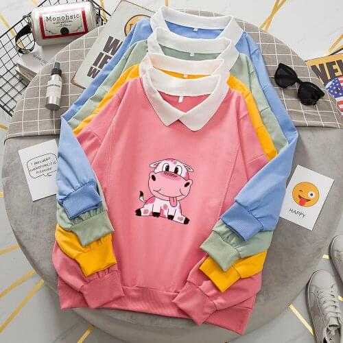 Kawaii Cow Swearshirt Harajuku Oversized Hoodie Strawberry Printed Pullover Graphic Cotton Sweatshirt Long Sleeve Pocket Clothes
